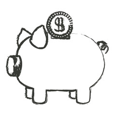 monochrome blurred silhouette of moneybox in shape of pig and coin vector illustration