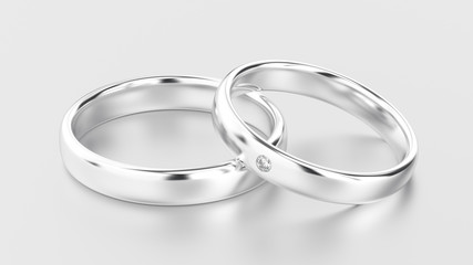 3D illustration classic white gold or silver rings with diamond