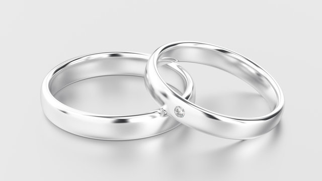 3D illustration classic white gold or silver rings with diamond