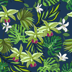 Seamless vector pattern of hand drawn orchids flowers and leaves. Tropical background.