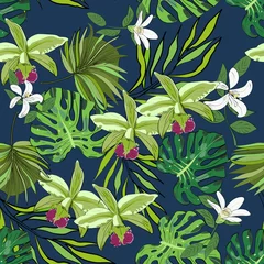 Wallpaper murals Orchidee Seamless vector pattern of hand drawn orchids flowers and leaves. Tropical background.