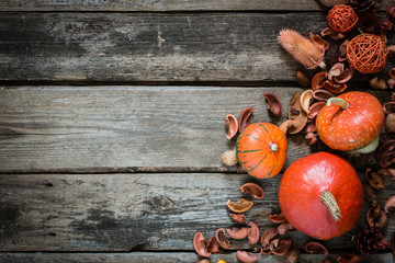 autumn decorated wooden table. top view