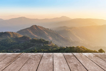 Empty perspective old wooden balcony terrace floor on viewpoint high tropical rainforest mountain in the morning  