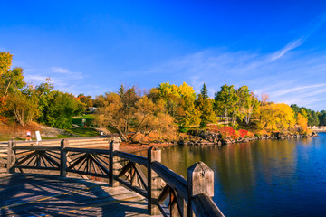 Ramsey Lake and Bell Park in Sudbury, Ontario, Canada during autumn season