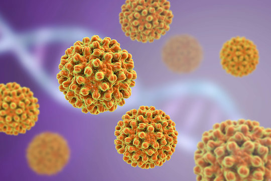 Heptitis B virus on background with blurred DNA molecule, 3D illustration