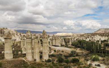 Fototapeta na wymiar Rock formations in the Love Valley (aka Penis Valley) in Cappadocia