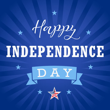 Happy Independence Day USA greetings, stars, blue stripes. United States national american traditional holiday fourth of July celebrating square illustration with national flag colors and text.