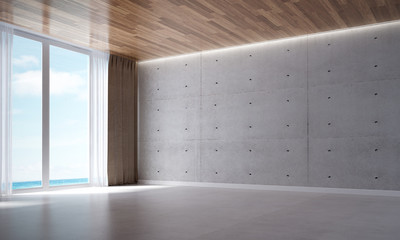 The 3D rendering interior scene design of minimal living room and sea view and concrete wall