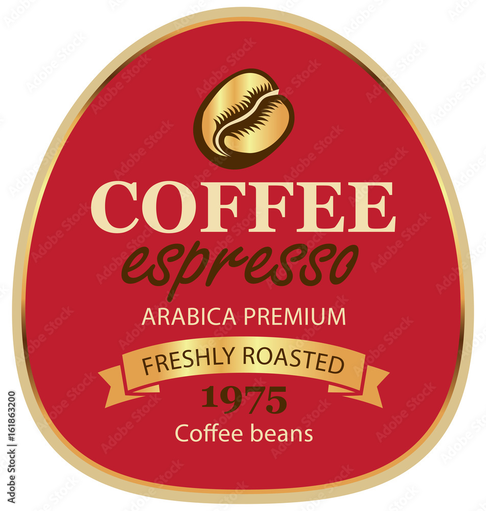 Poster design vector label for coffee beans arabica with a grain and ribbon in retro style on red backgroun