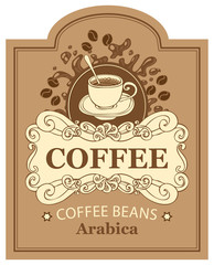 design vector label for coffee beans arabica with cup and splashes in Baroque style on the background in the frame