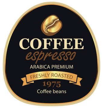 Fototapeta Design vector label for coffee beans arabica with a grain and ribbon in retro style on black background in a gold frame with inscription espresso.