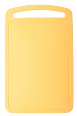 Colored yellow plastic cutting board, ionized on white background