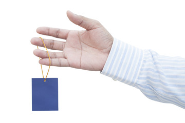 Businessman's hand holding blank paper price tag