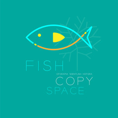 Fish and Coral logo icon outline stroke set dash line design illustration blue orange and yellow color isolated on green turquoise background with Fish text and copy space, vector eps10