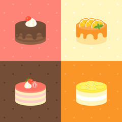 chocolate fudge, orange , lemon layer cake, strawberry cheese cake in flat design