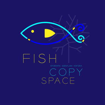 Fish and Coral logo icon outline stroke set dash line design illustration blue and yellow color isolated on dark blue background with Fish text and copy space, vector eps10