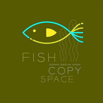 Fish and Seaweed logo icon outline stroke set dash line design illustration blue green and yellow color isolated on dark olive green background with Fish text and copy space, vector eps10