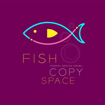 Fish and Air bubble logo icon outline stroke set dash line design illustration blue pink and yellow color isolated on purple background with Fish text and copy space, vector eps10