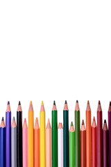 Many colored pencils isolated on white background, place for text