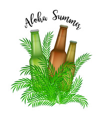 Vector composition with beer bottles and palm. Aloha summer. Vector composition with beer bottles for poster, or banner
