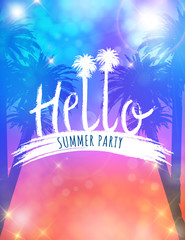 Vector template for party invitation. Hello summer party. Summer poster with palm and lettering