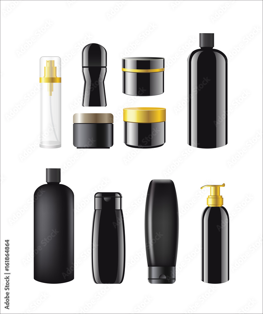 Poster cosmetic items packaging - realistic vector set of objects