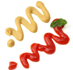 Ketchup and mustard wave, splashes. Isolated on white background