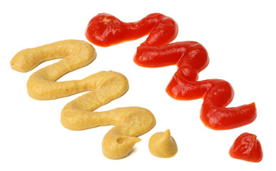 Ketchup and mustard wave, splashes. Isolated on white background