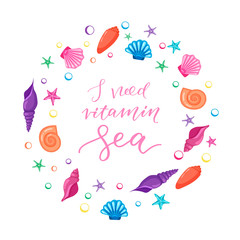 I need vitamin sea- calligraphic sign in a circle made of seashells and starfishes. Cartoon style.