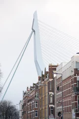 Photo sur Plexiglas Pont Érasme ROTTERDAM, THE NETHERLANDS - FEB 2015: The Erasmus Bridge, unusual view, reaching high above a row of old houses