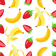 Seamless pattern with hand drawn cartoon style banana and strawberry.