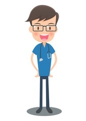 腰に手をあてる青い手術着の医者