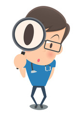 虫眼鏡でのぞく青い手術着の医者