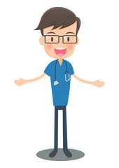 両腕を広げる青い手術着の医者