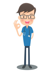 OKサインの青い手術着の医者