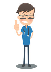 グッドサインの青い手術着の医者