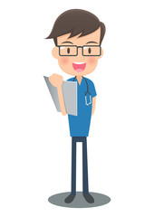 カルテを持つ青い手術着の医者