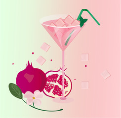 Pomegranate fresh cocktail glass. Summer drink Vector illustration