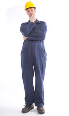 Young student worker with yellow helmet isolated on white background