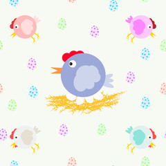 A collection of fun chickens and chicken moms on the nest. Multicolored eggs. Cool vector pattern.