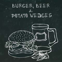 Big Hamburger or Cheeseburger, Beer Mug or Pint and Fried Potato. Burger Lettering. Isolated on a Black Chalkboard Background. Realistic Doodle Cartoon Style Hand Drawn Sketch Vector Illustration.