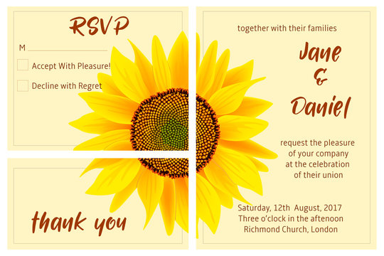 set of wedding invitation card, sunflower on the background