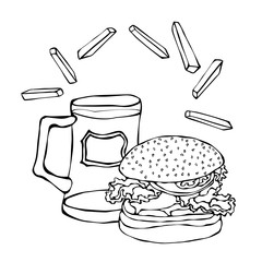 Big Hamburger or Cheeseburger, Beer Mug or Pint and Fried Potato. Burger Logo. Isolated On a White Background. Realistic Doodle Cartoon Style Hand Drawn Sketch Vector Illustration.