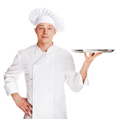 Chef holding tray isolated over white background.