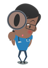 虫眼鏡でのぞく青い手術着の医者