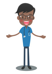 両腕を広げる青い手術着の医者