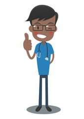 グッドサインの青い手術着の医者