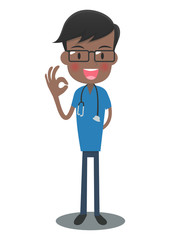 OKサインの青い手術着の医者