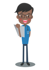 カルテを持つ青い手術着の医者