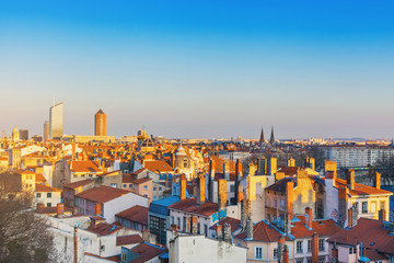 Lyon, France. Aerial view of the tiled rooftops and chimneys of the old town.